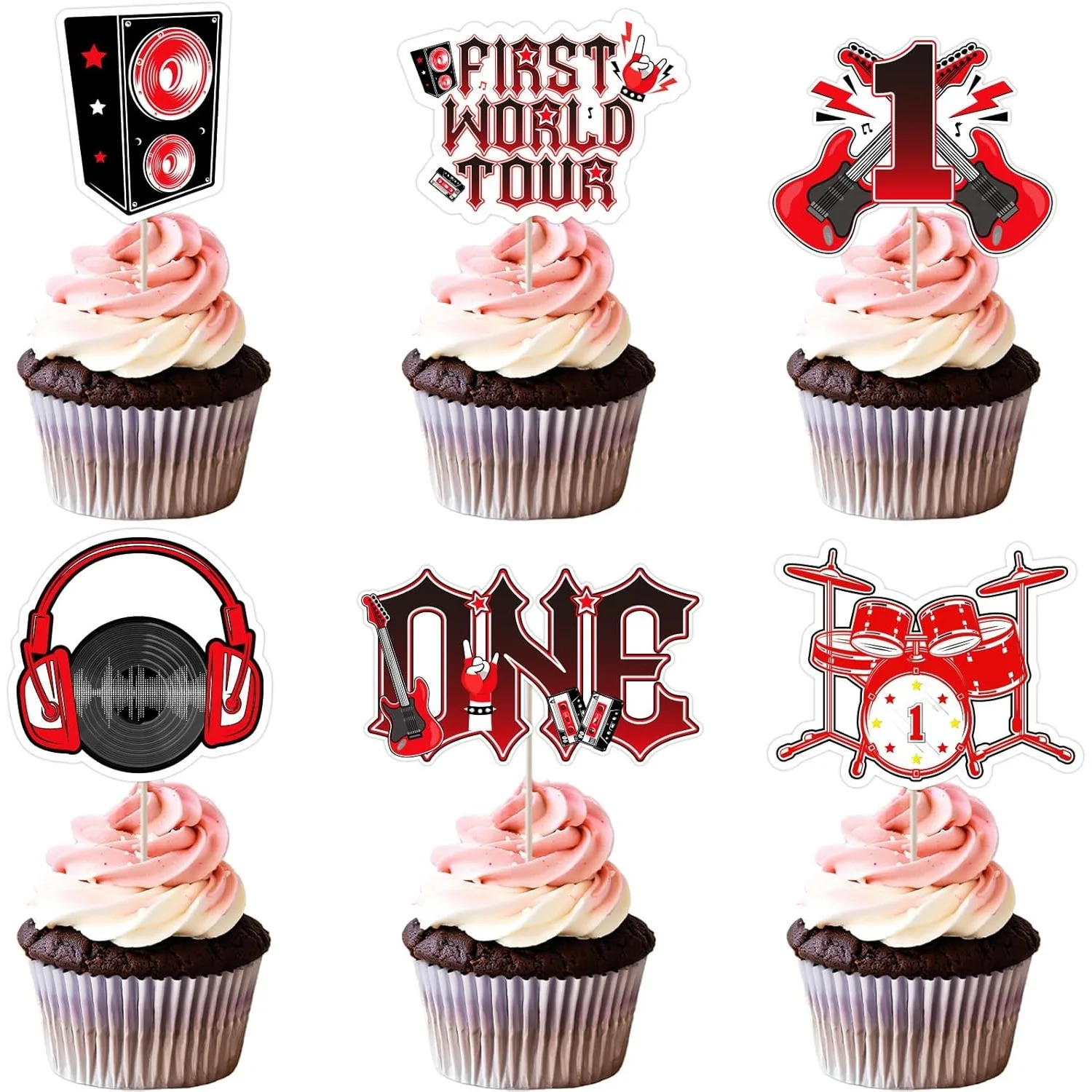 One Rocks 1st Birthday Decor First World Tour Cupcake Toppers Rot Schwarz Rock And Roll Born To Rock Geburtstag Musik Partyzubehör