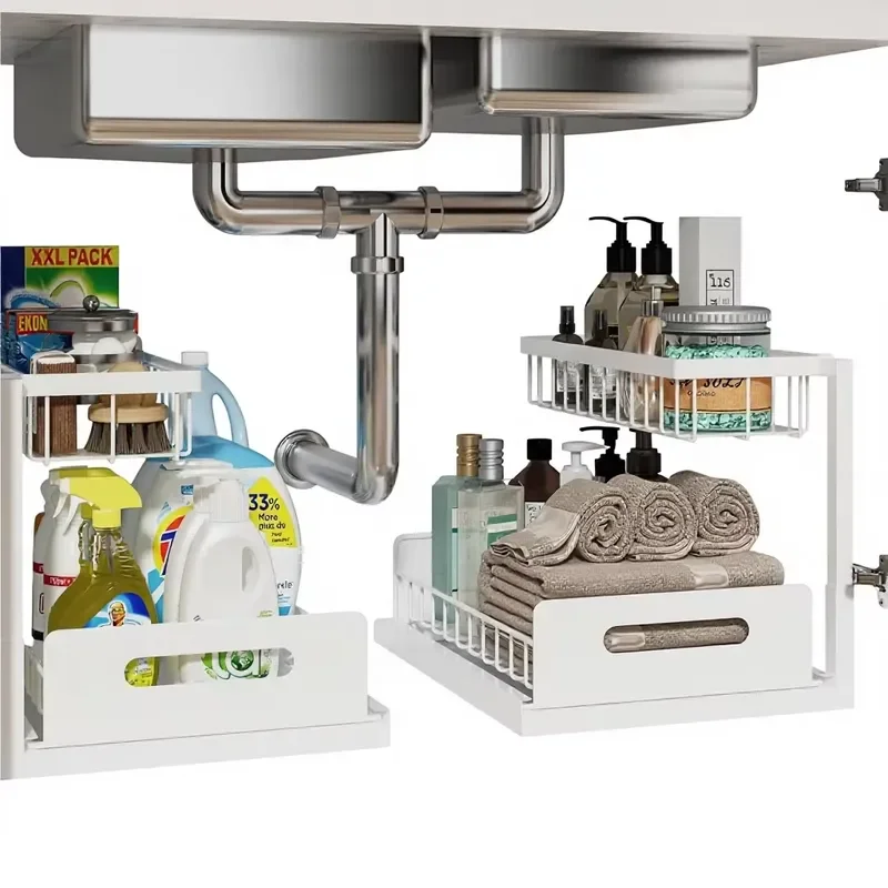 REALINN Cast Iron Under Sink Organizer 2-Tier Slide Storage Shelves for Kitchen & Bathroom White 2 Pack