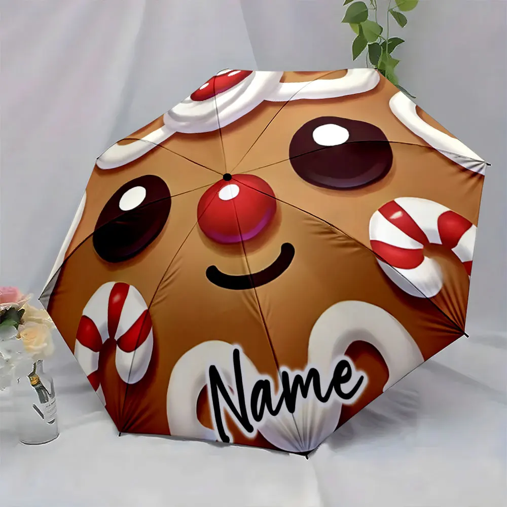 Custom Name  Sweet Gingerbread Umbrella Design with Candy Details Print 8 Iron Ribs Folding Umbrella Auto-Open Fashion Sunshade