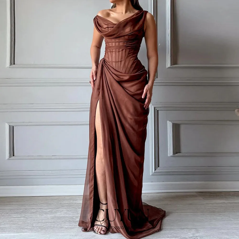 

CUYUN Brown Chiffon Evening Dress One Shoulder Mermaid Prom Gown Pleat Side Slit Sexy Formal Occasion Dresses Customized
