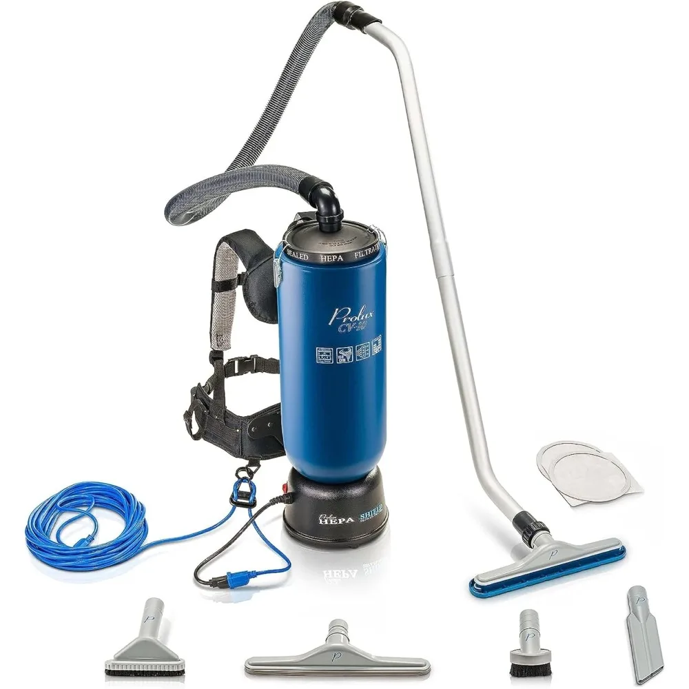 

Prolux 10 Quart Blue Commercial Backpack Vacuum, HEPA Filter, Commercial, Residential, 50 Foot Power Cord, Crevice Tool