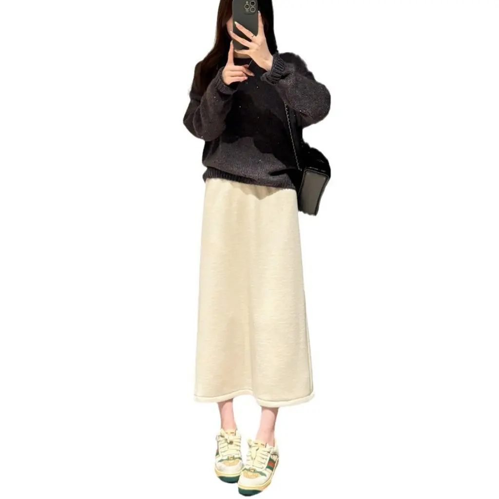 

Women's Acetate Wool Fleece-Lined Thickened Hip Skirt with Rear Split Straight Design for Autumn And Winter Temperament