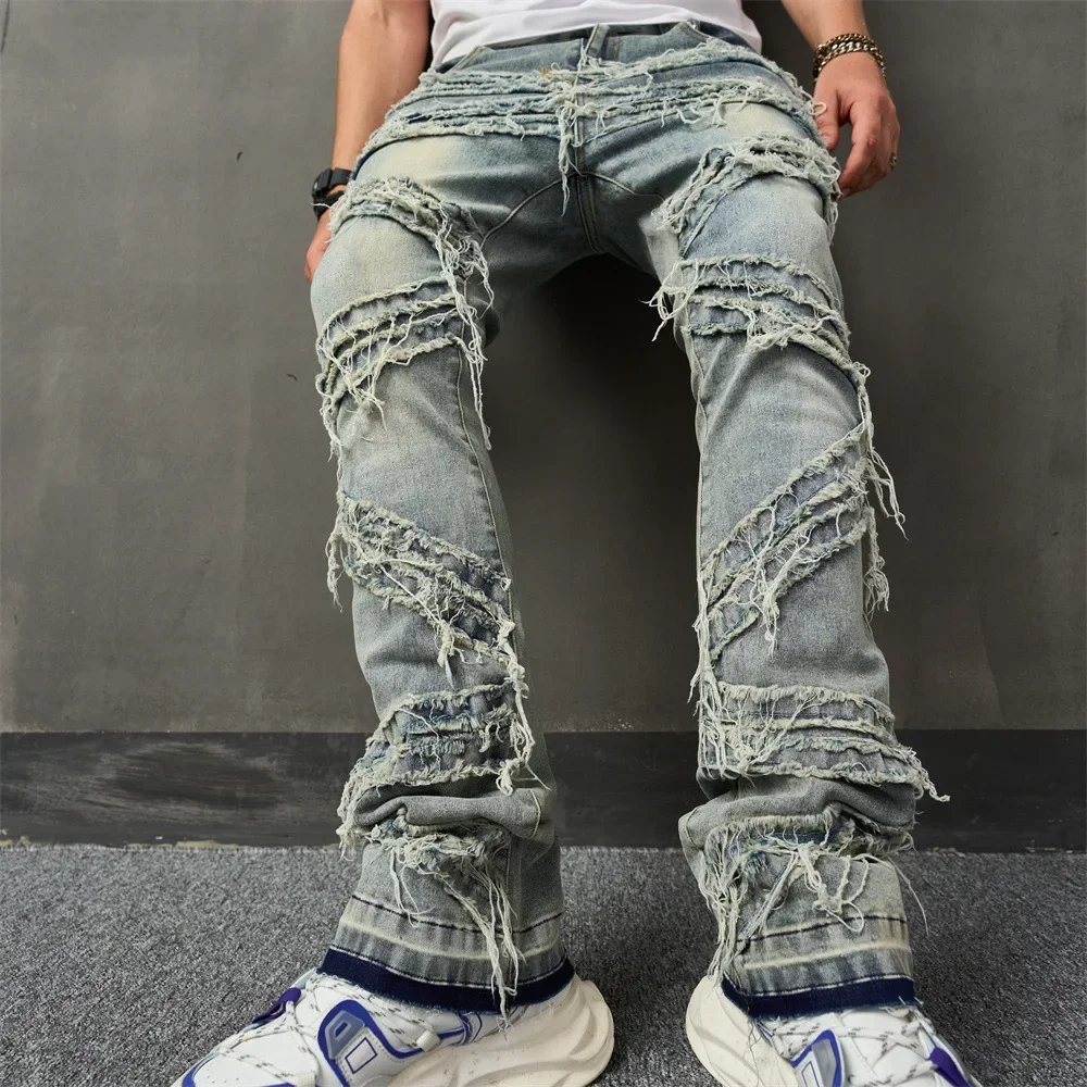 Wide jeansLeg Pants Ripped Spliced Men Jeans Vintage Ankle Length Distressed Denim Trouser Wash Solid Loose Pockets Punk Style