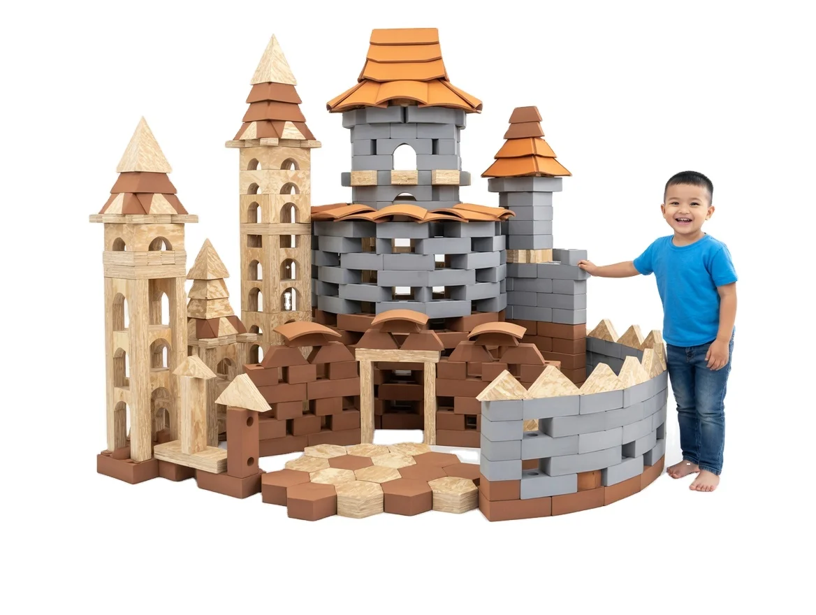 Safe EVA Foam Architectural Building Blocks Stacking Toys Realistic Wood Brick Texture Build Castles Houses - Kids STEM Toy