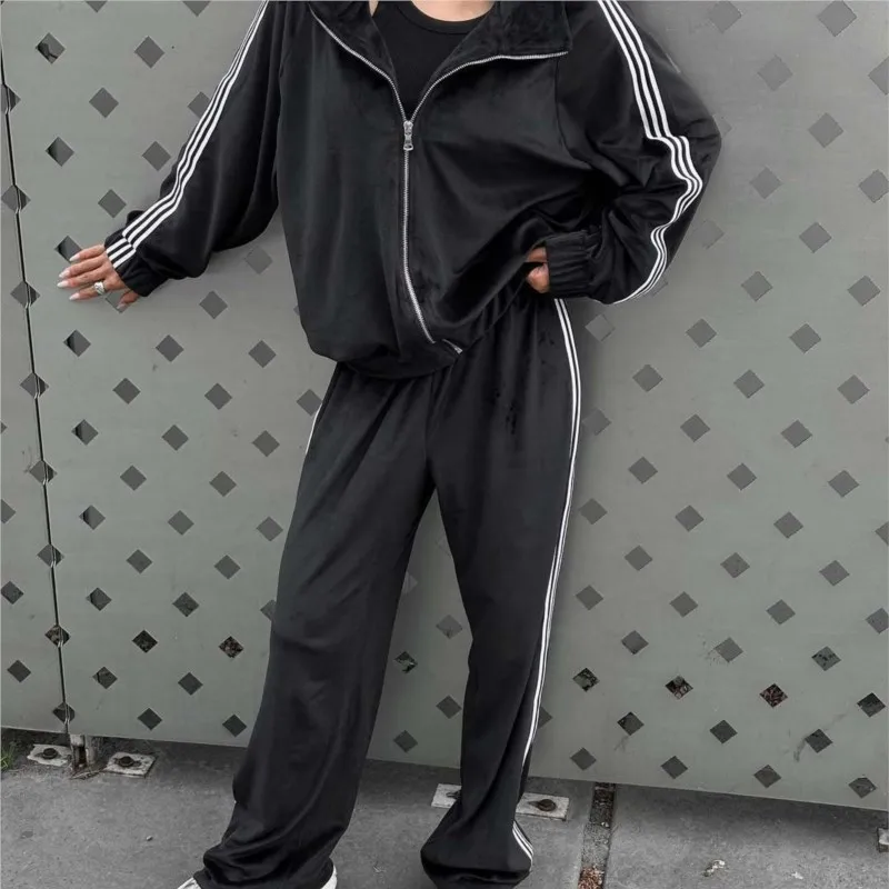 

2025 Women's Athleisure Oversized Color-Blocked Striped Hooded Jacket & Wide Leg Pants Two-Piece Set Trendy Active Lounge Outfit