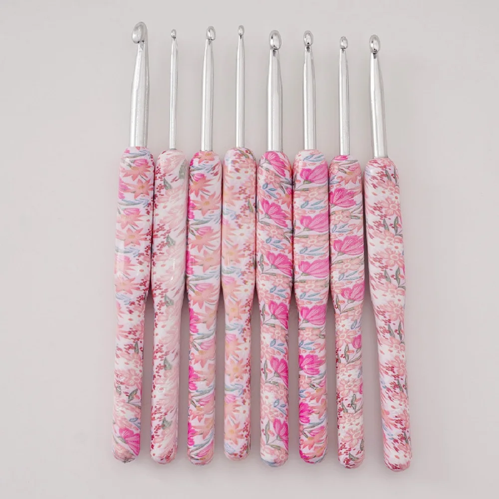 8Pcs Pink Print Crochet Hook Ergonomic Handle for Arthritic Hands Extra Long  Knitting Needles for Beginners Crocheting Yarn