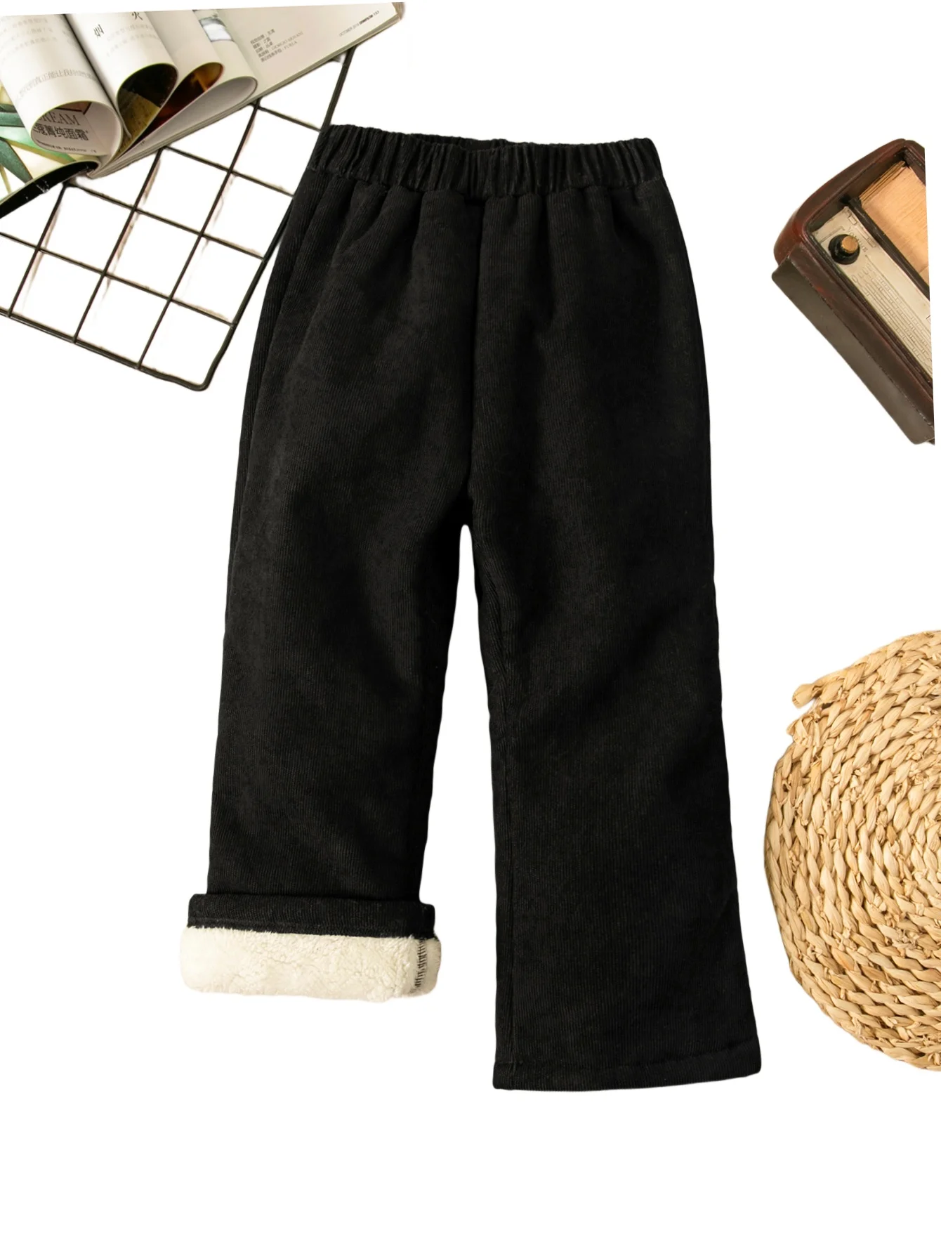 Stylish warm winter children's girls ribbed high waist loose stretch and fleece black everything western wide leg pants