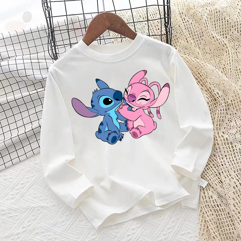 Stitch Disney Children Long Sleeve T-shirt Autumn Boys Girls Printed White Sweatshirt Casual Clothing Cartoon Anime Kids Gifts