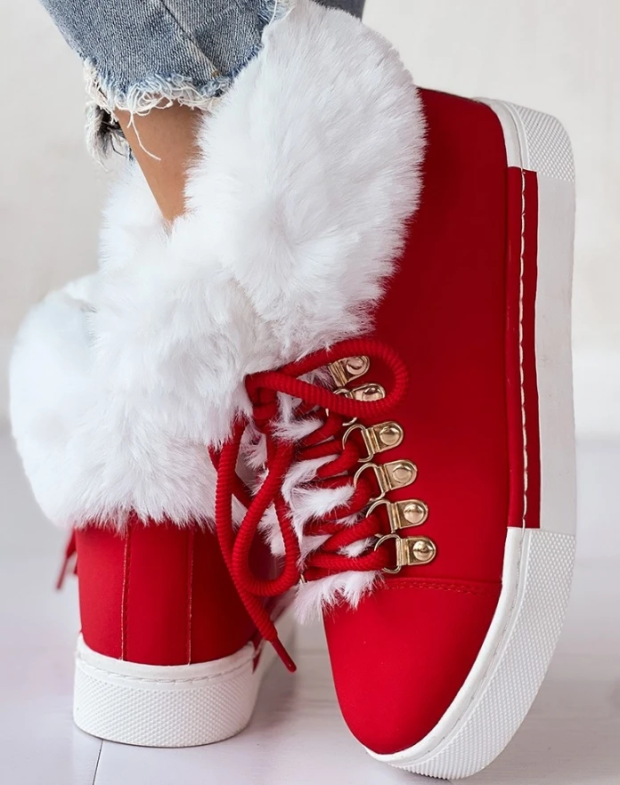 Women's Simple and Versatile Shoes 2025 Autumn Winter Latest Christmas Lace Up Fuzzy Detail Lined Ankle Boots High Top Shoes