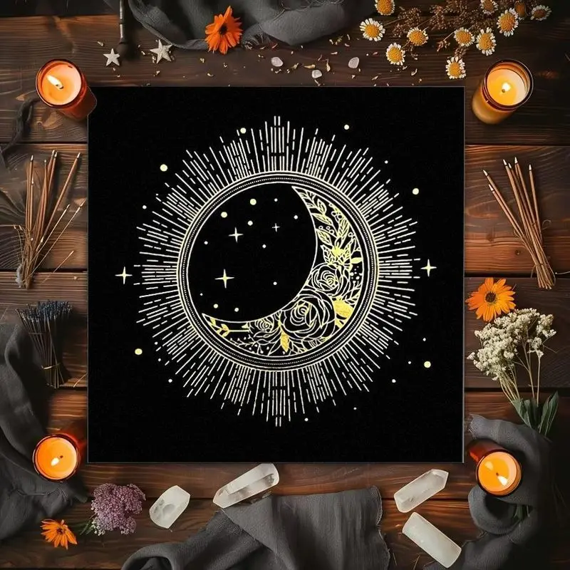 VIKAMA Star Moon Rose Tarot Tablecloth, Mystical Divination Altar Cloth for Spiritual Room Decor, Pagan Wiccan