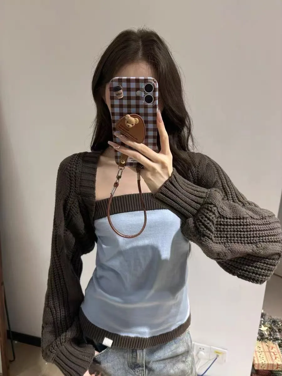 Real shot-Conjunto de dos piezas de punto en bloque para mujer, Top informal y versátil, corte ajustado, Color Patchwork de nicho coreano, otoño 2025, (tarjeta