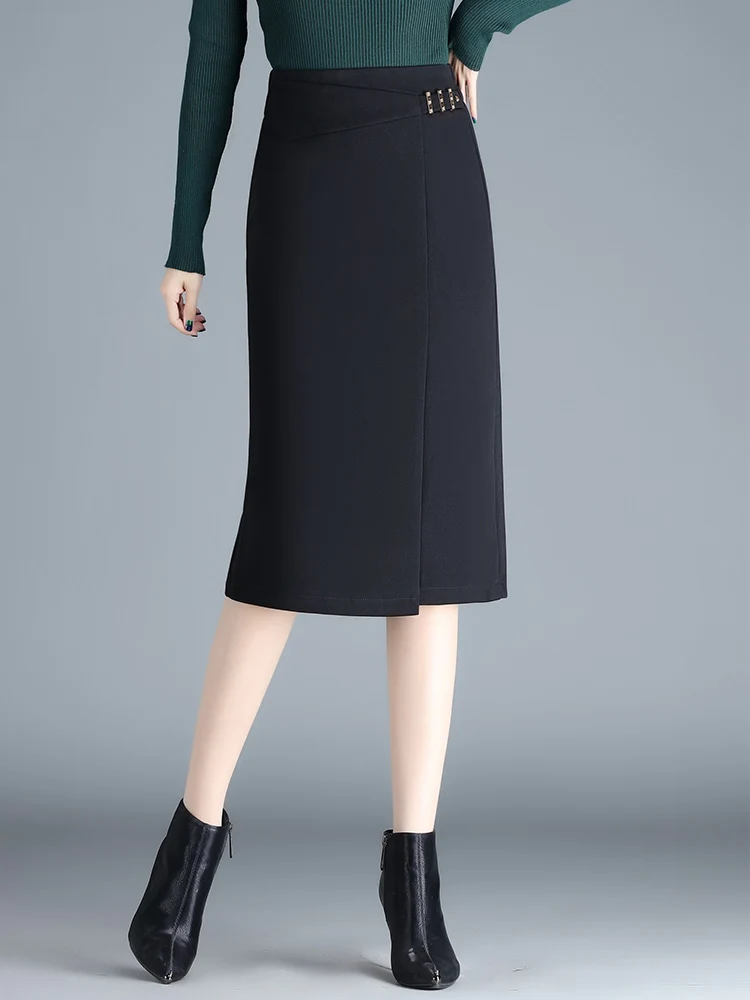 

Irregular New Quality Womens Black Pencil Skirt Simple Slim 2022 High Waist Mid-Long Asymmetry S-3XL Size Female OL Office Skirt