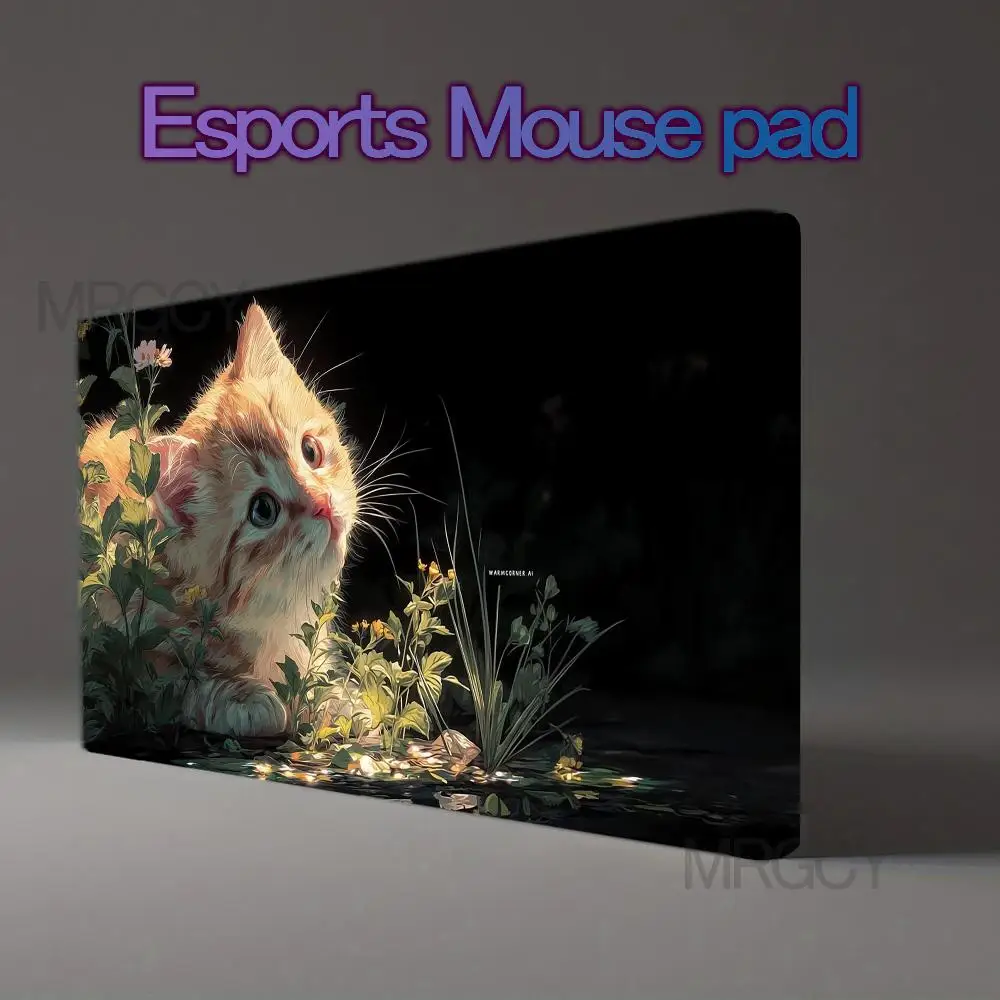Cute Orange Kitten Glowing Light Water Plants Flower Large Mouse Pad Lovely Cat Dark Background Non‑Slip desk accessories
