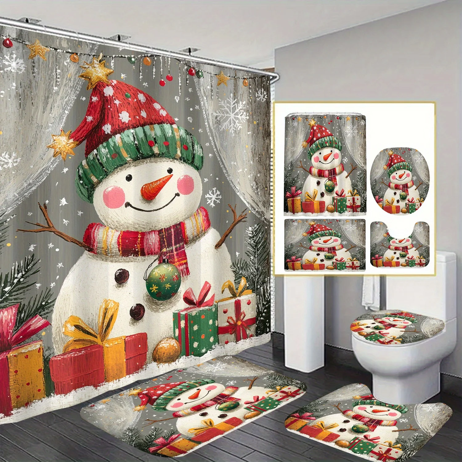 

Polyester Snowman Christmas Bathroom Set, Water-Resistant Non-Woven Fabric Holiday Decor with 12 Hooks - Machine Washable
