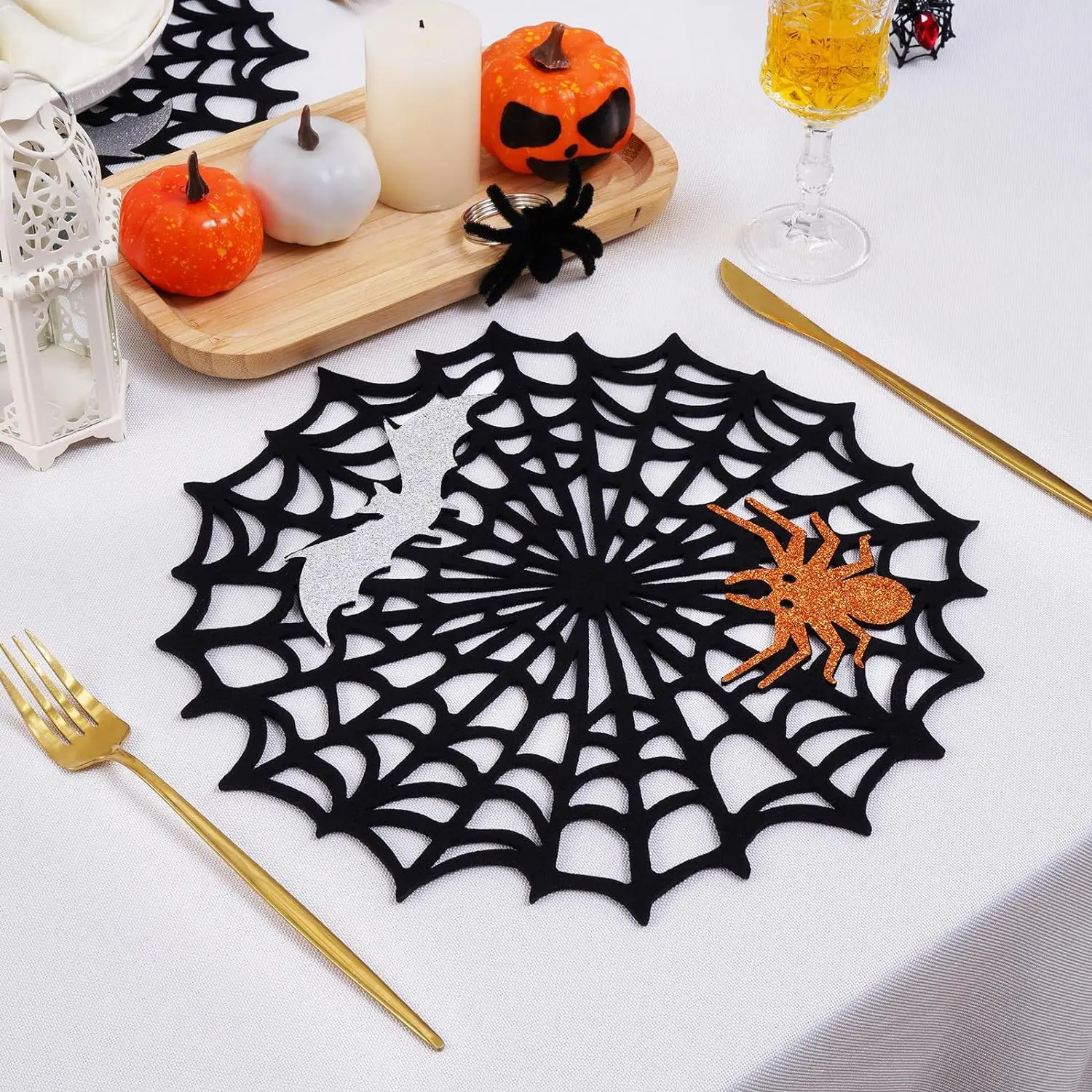 Halloween themed party party felt placemat coaster black spider web placemat circular Halloween party decoration props