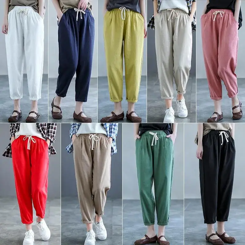 

Повседневные хлопковые и льняные брюки Харлан, цвет Dstring, большие размеры, женские свободные брюки с высокой талией, летние утягивающие лозы овощей