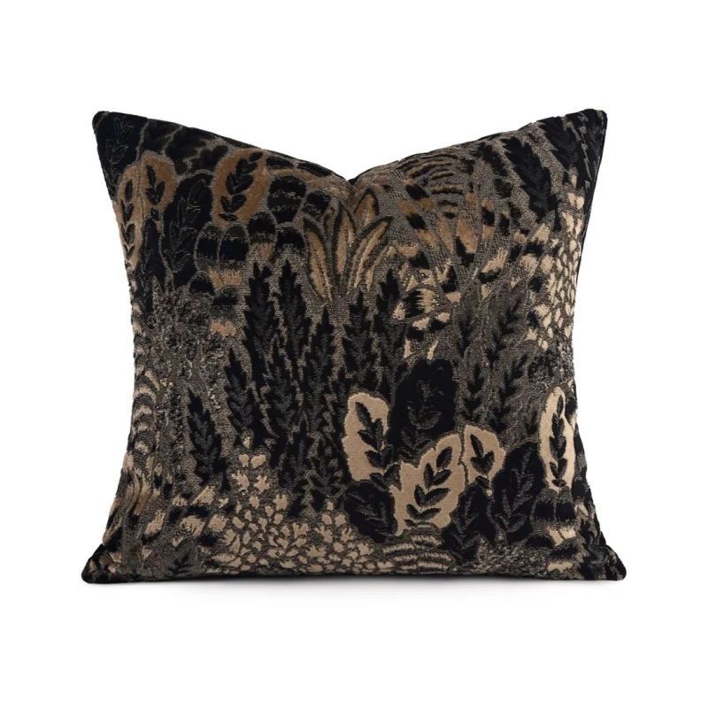 Botanical Forest Velvet Throw Pillow Cover Black  Tan Textured Jacquard Luxury Cushion Case Modern Rustic Decorative Pillows