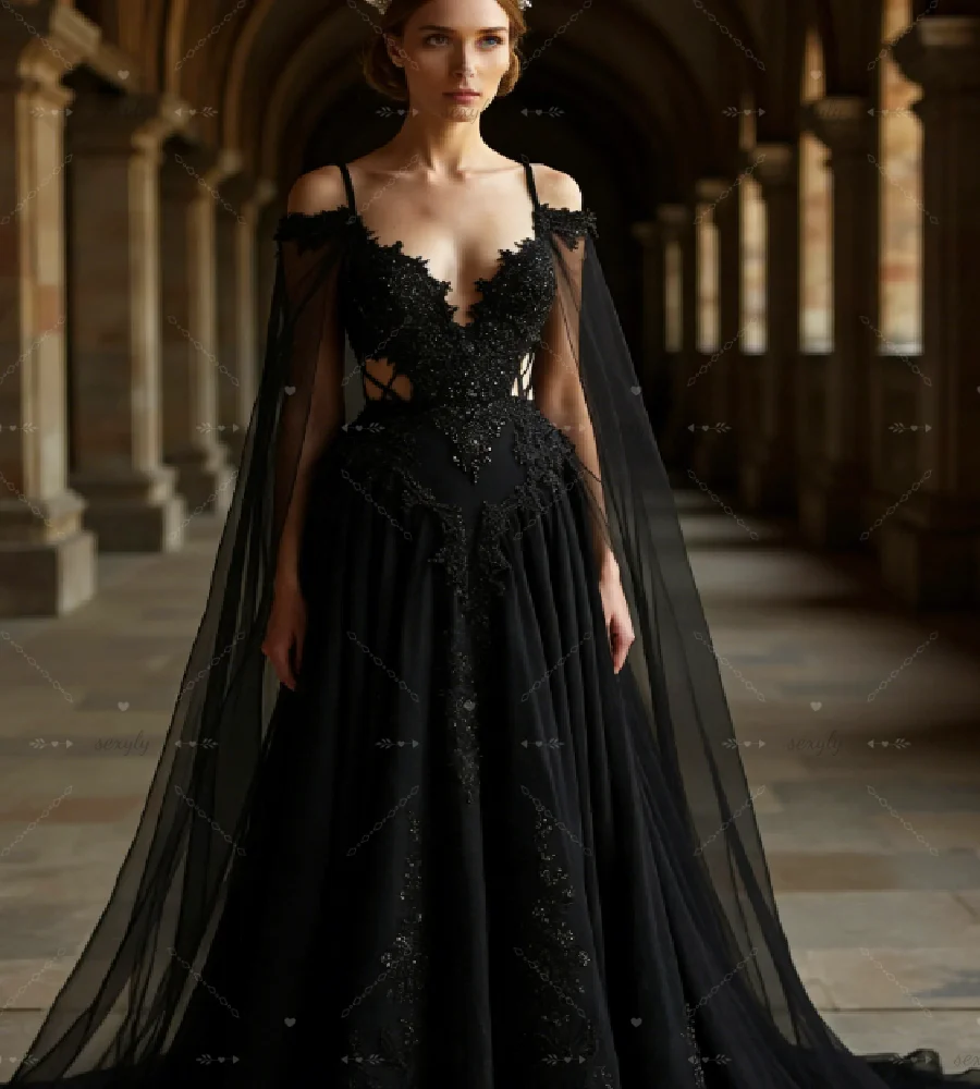 Bohemian Style Black Gothic Wedding Dress With Cape Sleeves Civil Boho Enchanting Bridal Gowns Sexy Backless Lace Vestio De Boda