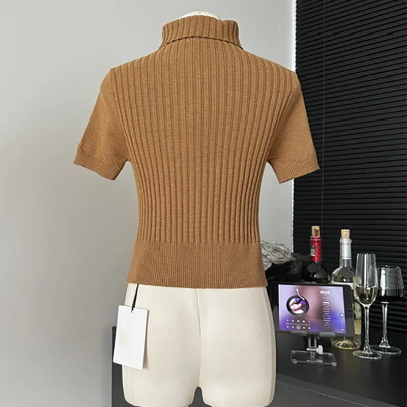 Women New Spring Summer Turtleneck Short Sleeve Pullover Casual Solid Thin Sweater Elastic Slim Versatile Comfortable Short Top