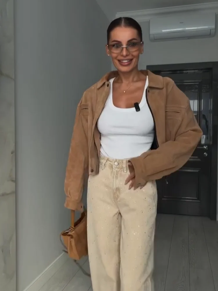 Women Retro Suede Lapel Zippered Short Jackets Brown  Casual Full Sleeves Pocket Loose Coats 2026 Spring Daily Commute Outwear