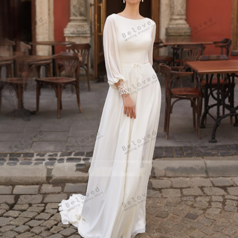 Abiti da sposa modesti abiti da sposa graziosi Appliques di pizzo maniche lunghe a sbuffo o-collo a-line Robes Simple Vestidos De Novia 2024