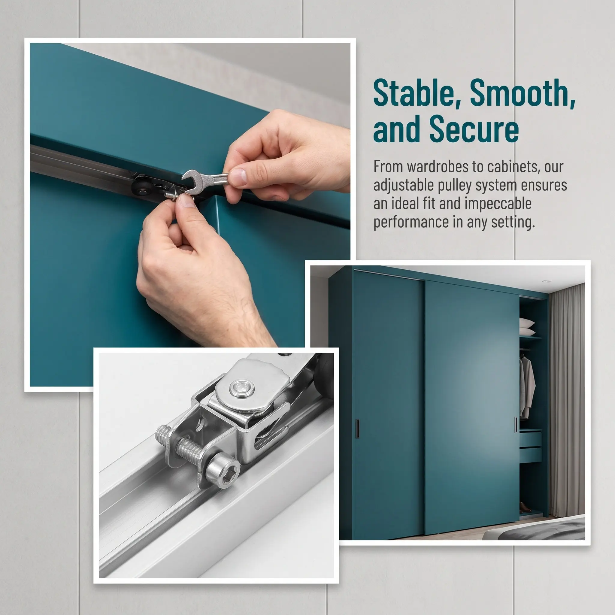 1Set Wardrobe Sliding Door Roller Adjustable Fork Design Smooth Silent Operation Sliding Door Guide System for Bedroom Kitchen