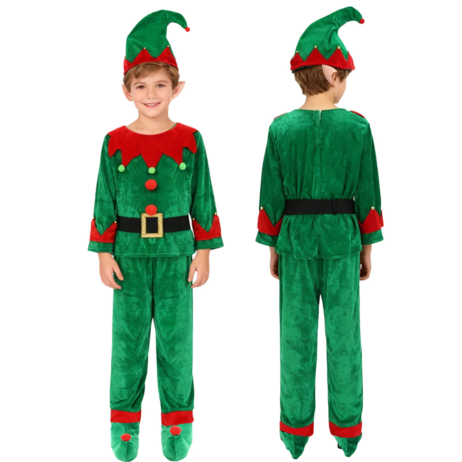 الأولاد عيد الميلاد سانتا كلوز زي السنة الجديدة الأخضر قزم دعوى مع قميص السراويل قبعة قزم آذان حزام جوارب هالوين فستان بتصميم حالم حتى #3