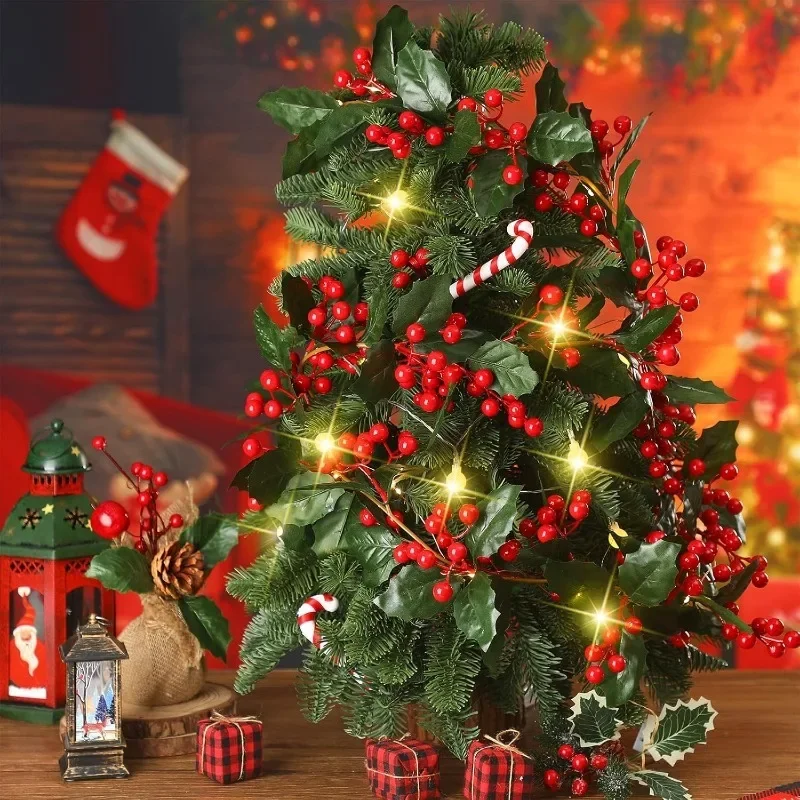 Artificial Holly Leaves Vine Garland with Light Strings Red Berries Wreath Hanging Ornament for DIY Xmas Tree Home Party Decors