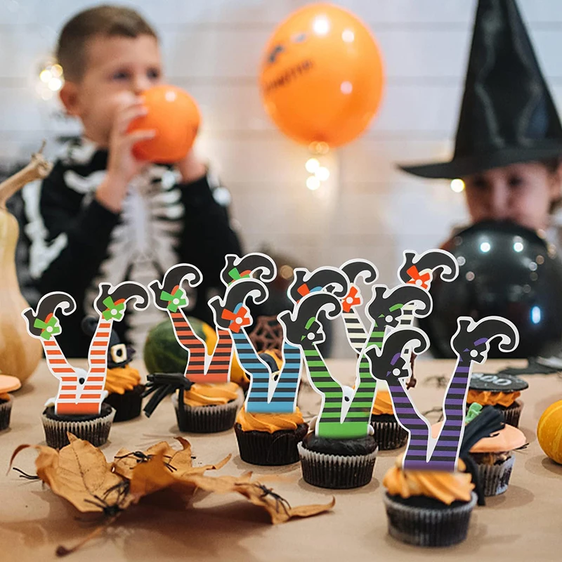 12Pcs Colored Witch Foot Toothpick Cake Topper Striped Witch Lower Body Cupcake Flag Birthday Party Halloween Decoration