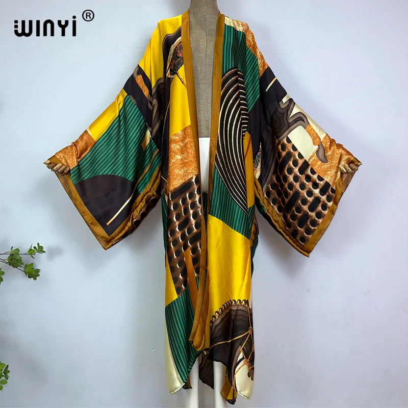 WINYI kimono Africa estate Retro stampa Bikini Cover-up elegante Cardigan moda sexy vacanza manica lunga sensazione di seta maxi vestito