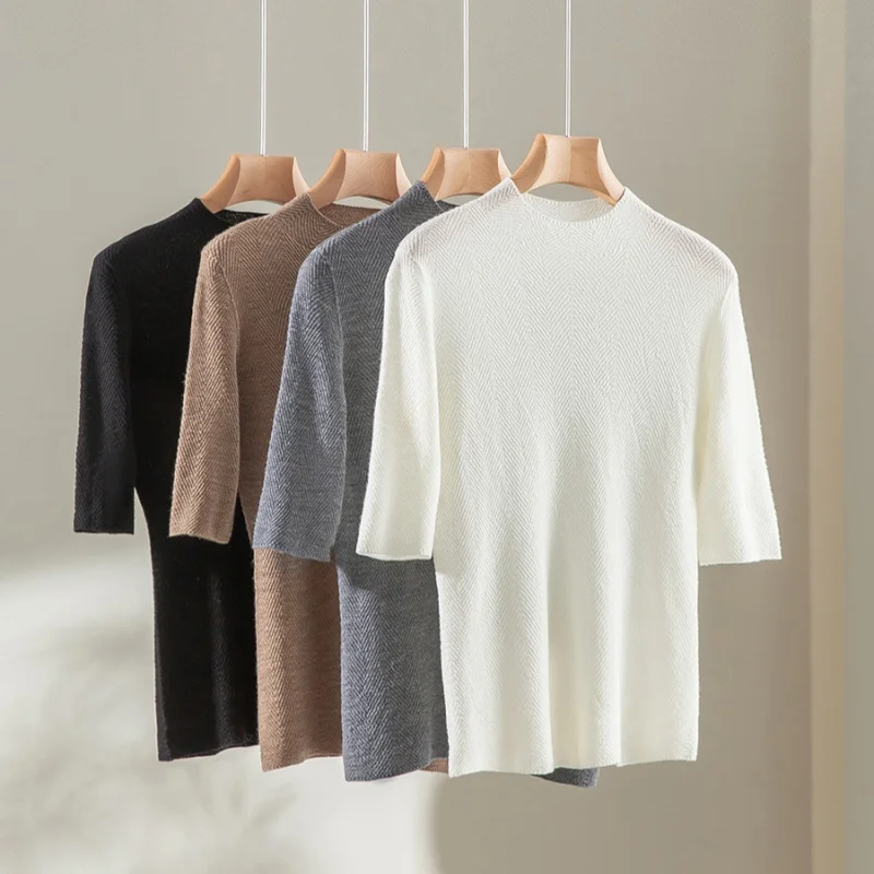 Birdtree, 100% Sheep Wool Blouse, Mock Neck Short Sleeve Knitted Top, Women Thin Solid Sweater, 2026 Summer Autumn New T67611JF