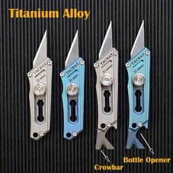 Titanium Alloy Utility Knife Push Pocket Knife Portable Bottle Opener Crowbar Outdoor Survival EDC Tool Keychain Unboxing Cutter