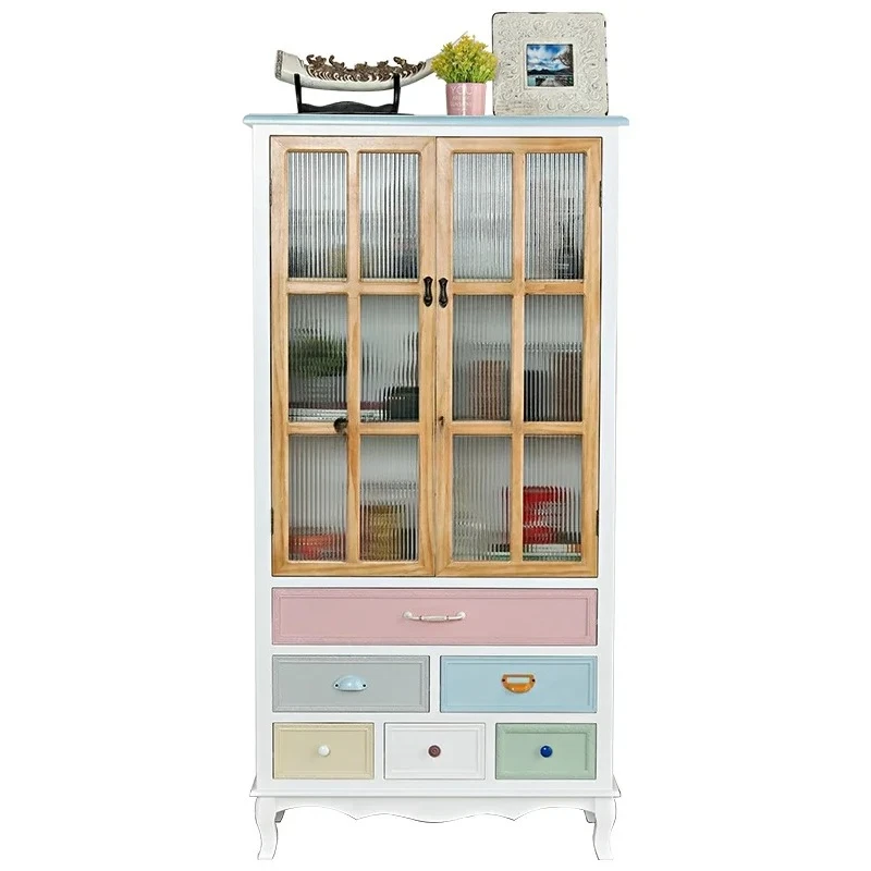 

American home bookshelf solid wood display living room with glass storage wine cabinet