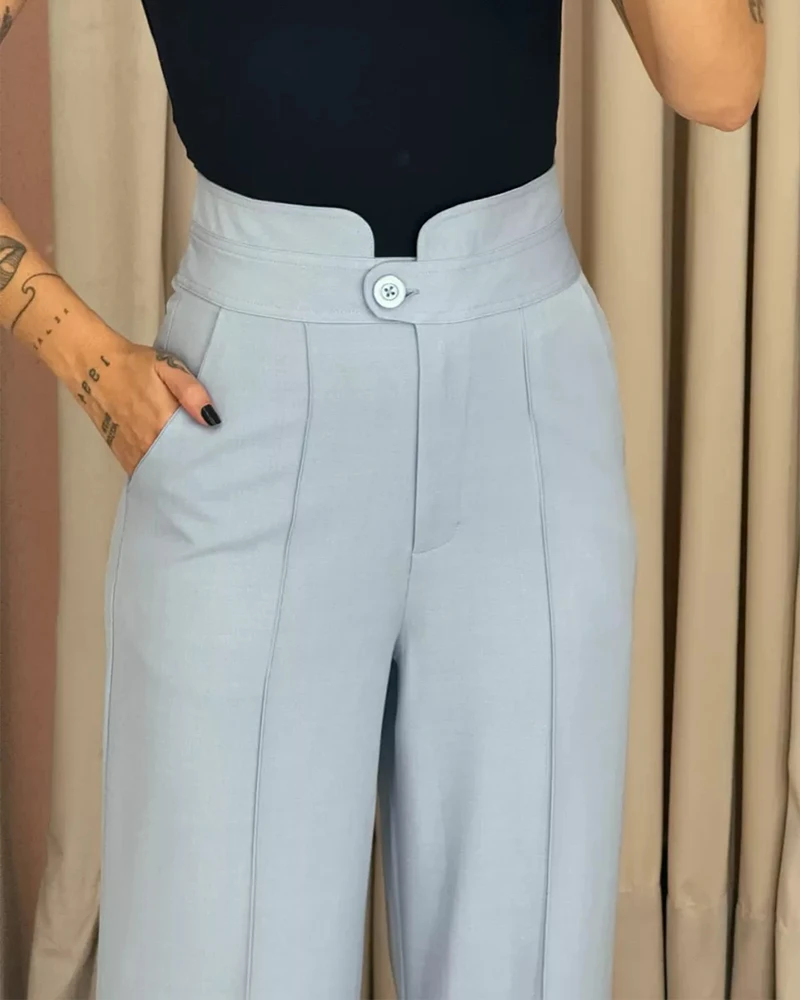 Women's Pants 2025 Spring New Solid Color High Waist Fashion Single Button Pocket Design Elegant Work Straight Leg Pants