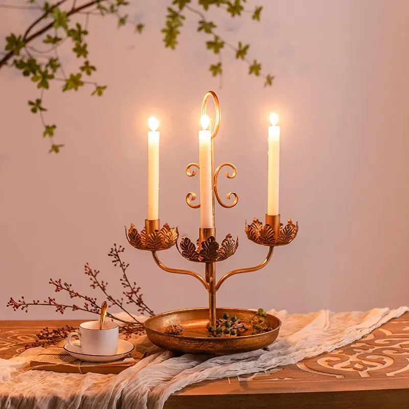 French Wedding Atmosphere Decoration Gold Wrought Iron Flower Candle Holder Hotel Photography Props