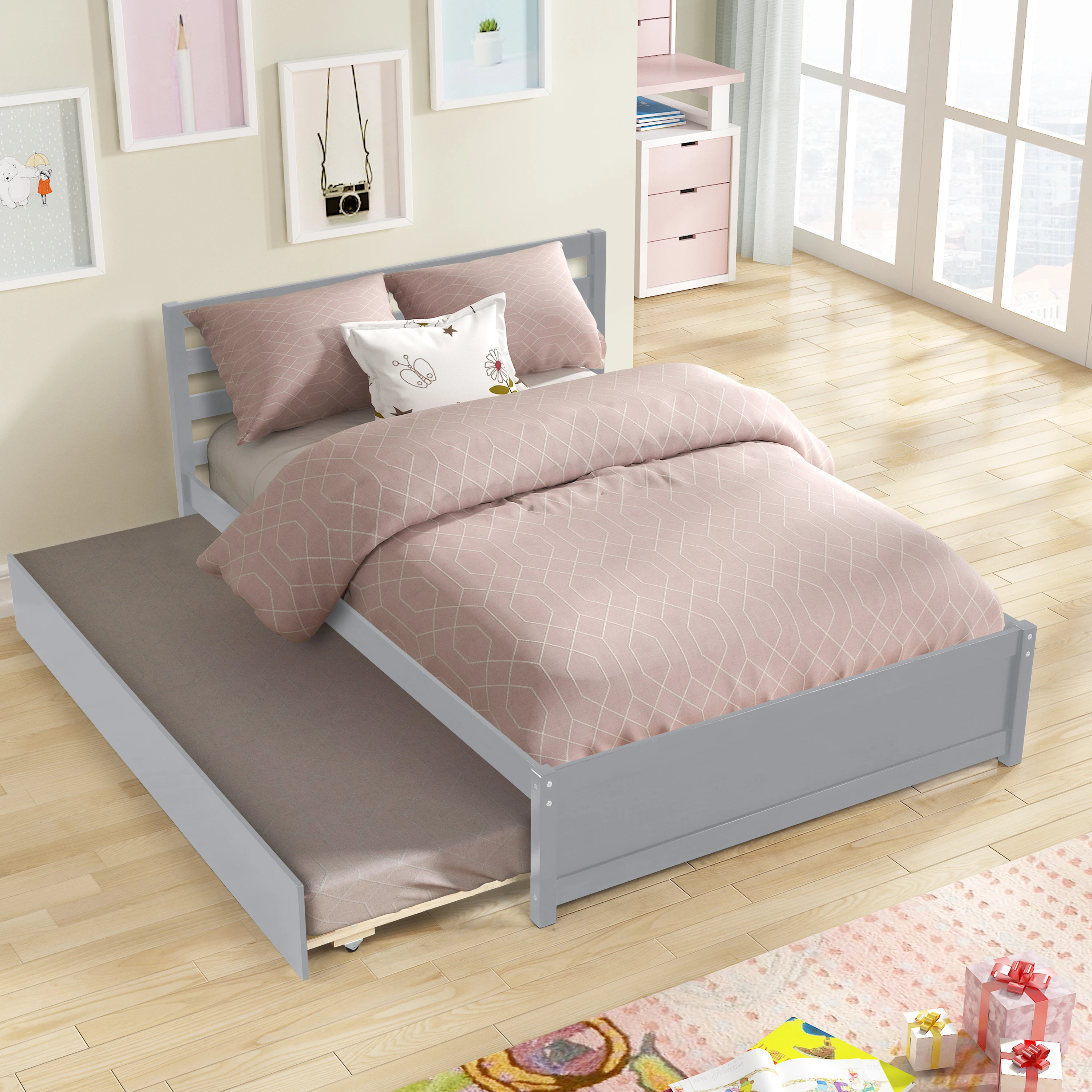 

Gray Full Size Wood Platform Bed Frame with Headboard and Twin Trundle - Versatile and Stylish 79.52x57x35.39 in.
