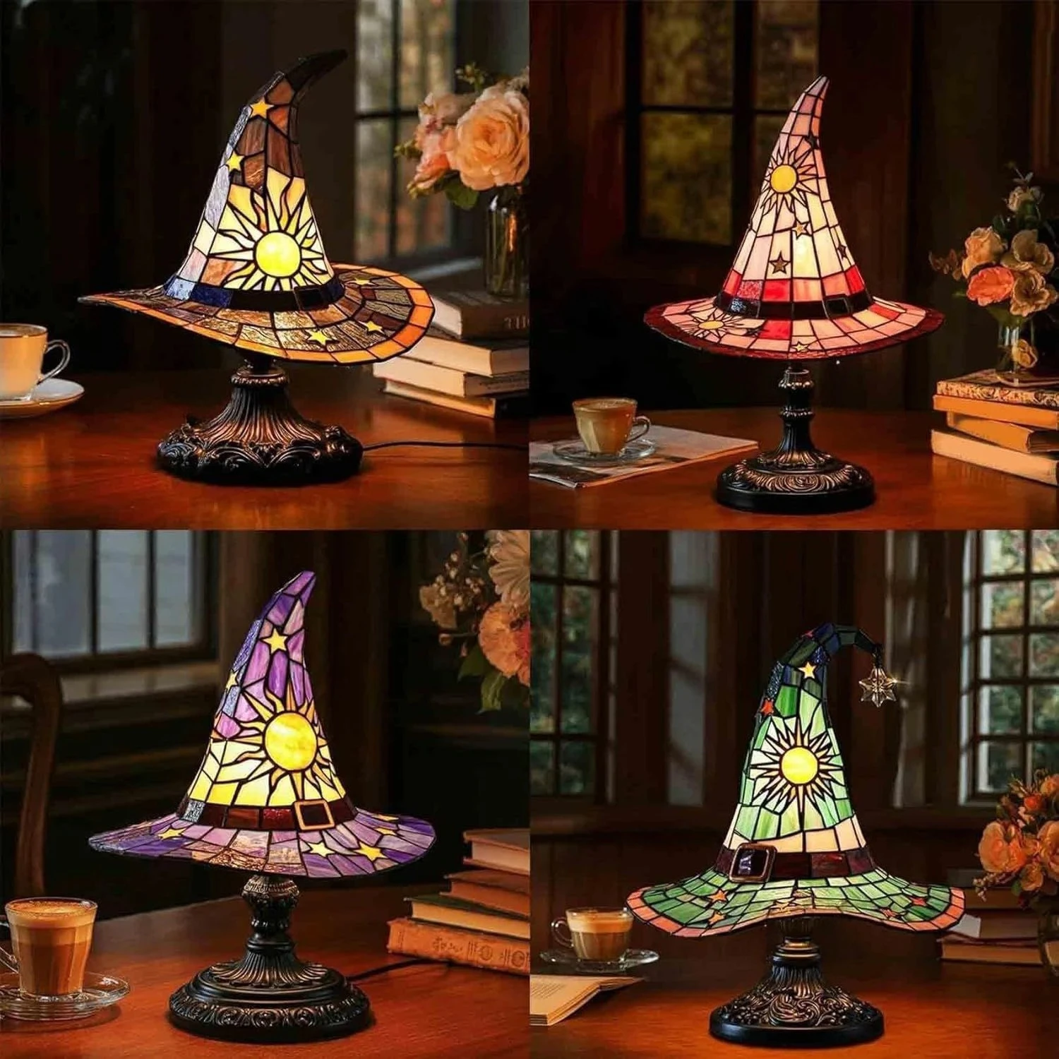 

Stained Glass Witch Hat Table Lamp, Halloween Vintage Style LED Desk Light for Home Bar Café Decoration