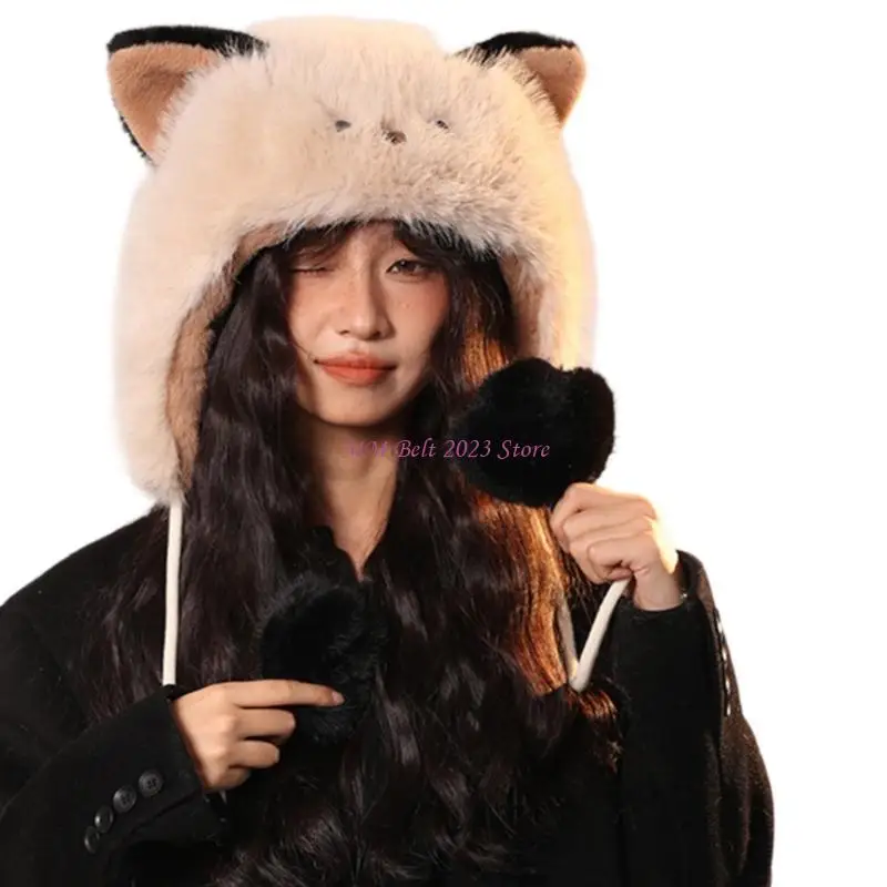 

49ME ветрозащитная плюшевая шапка с животными для зимы, пушистая шапка с мультяшными ушками, уличные головные уборы, шапка для
