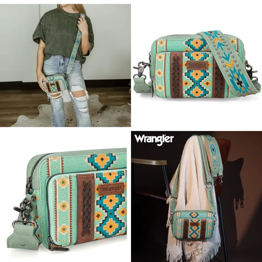 

Wrangler Crossbody Bag for Women Boho Aztec Small Multi Pocket Crossover Purse