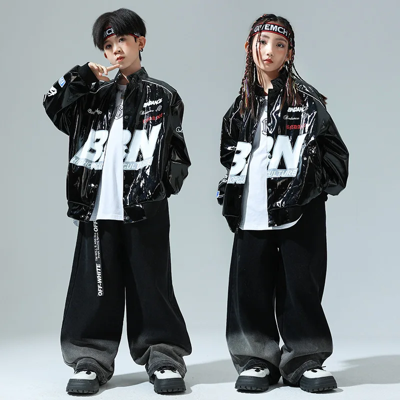 Kid Cool Hip Hop Clothing Black PU Letters Print Motorcycle Jacket Casual Denim Jeans Pants for Girl Boy Dance Costume Clothes