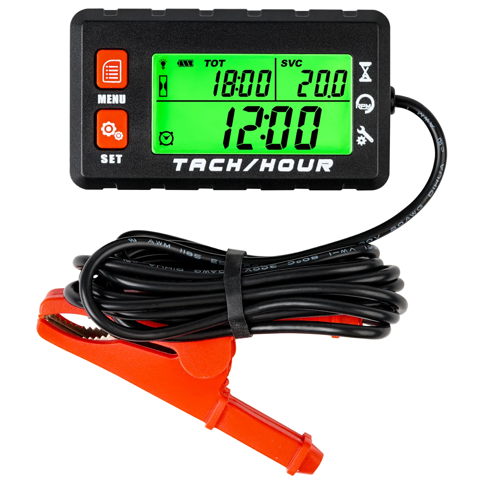 Digital Hour Meter Tachometer with Alligator Clip, Maintenance Reminder for Lawn Mower Generator Motorcycle Outboard Motor