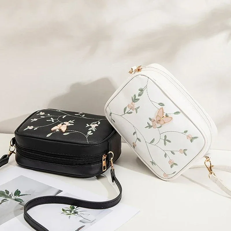 Fashion Embroidery Cellphone Small Flap Bag Women Soft PU Leather Underarm Shoulder Bag Trendy Ladies Messenger Crossbody Bags