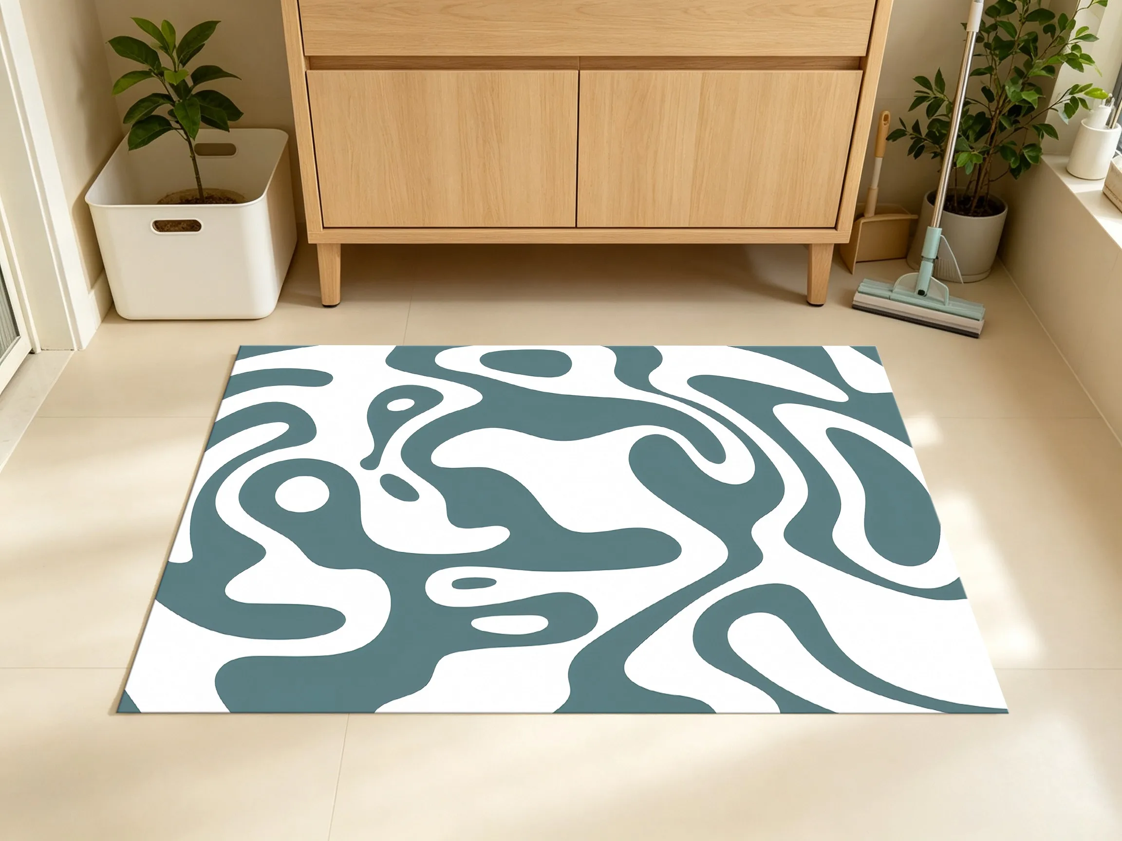 2D Large Rug, Light Gray & White Abstract Flowing Curves, Minimalist Style, Living Room Bedroom Coffee Table