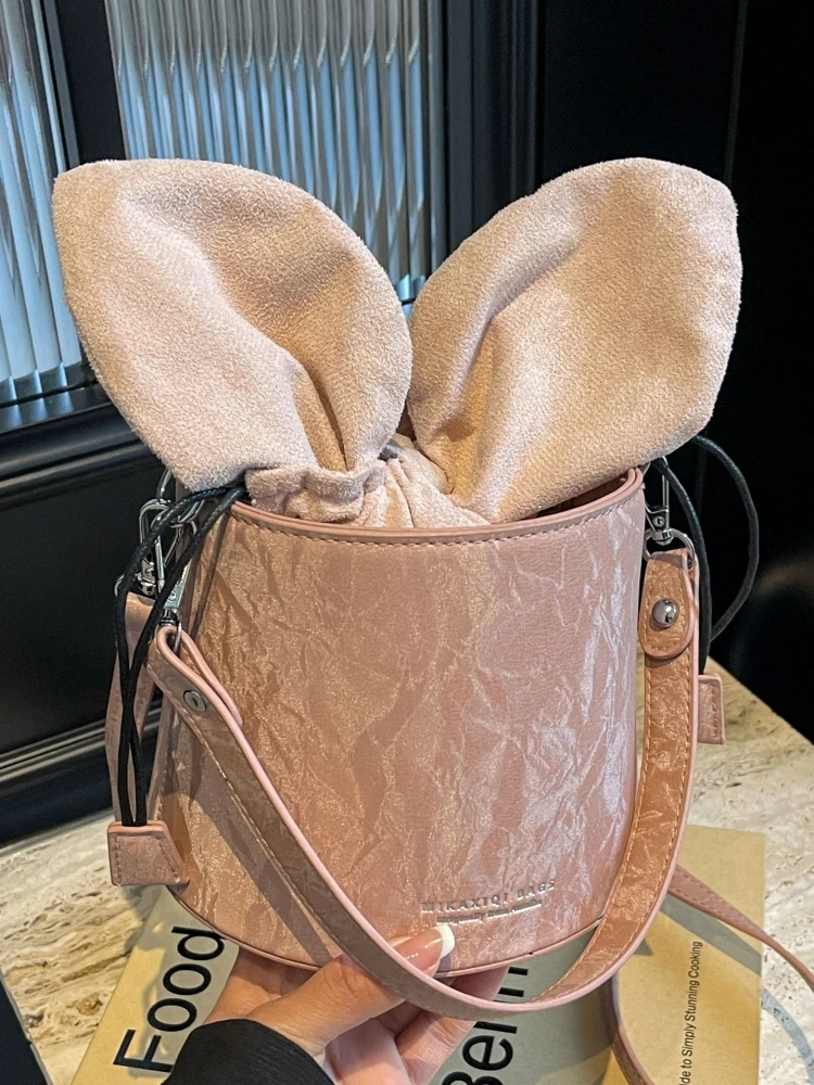 Playful Rabbit Ear Bucket Bag 2024 New Women's Chic Letter Drawstring Crossbody Bag Casual Versatile Handbag Shoulder Bags Trend