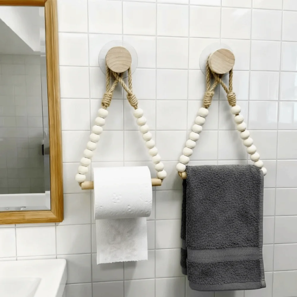 

Nordic Style Wood Tissue Holder String Bead Detail Wall Mounted Roll Paper Holder Suction Cup Handwoven Rope