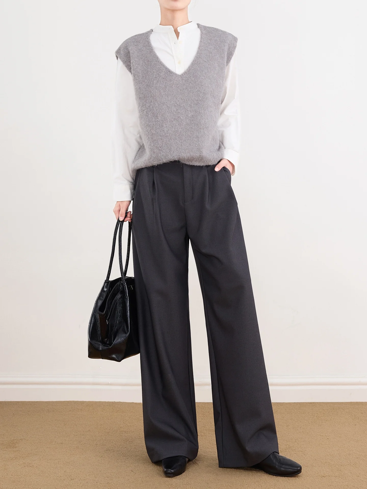 

Женские шерстяные брюки с высокой талией, широкие, прямого кроя, однотонные, для офиса и повседневной носки