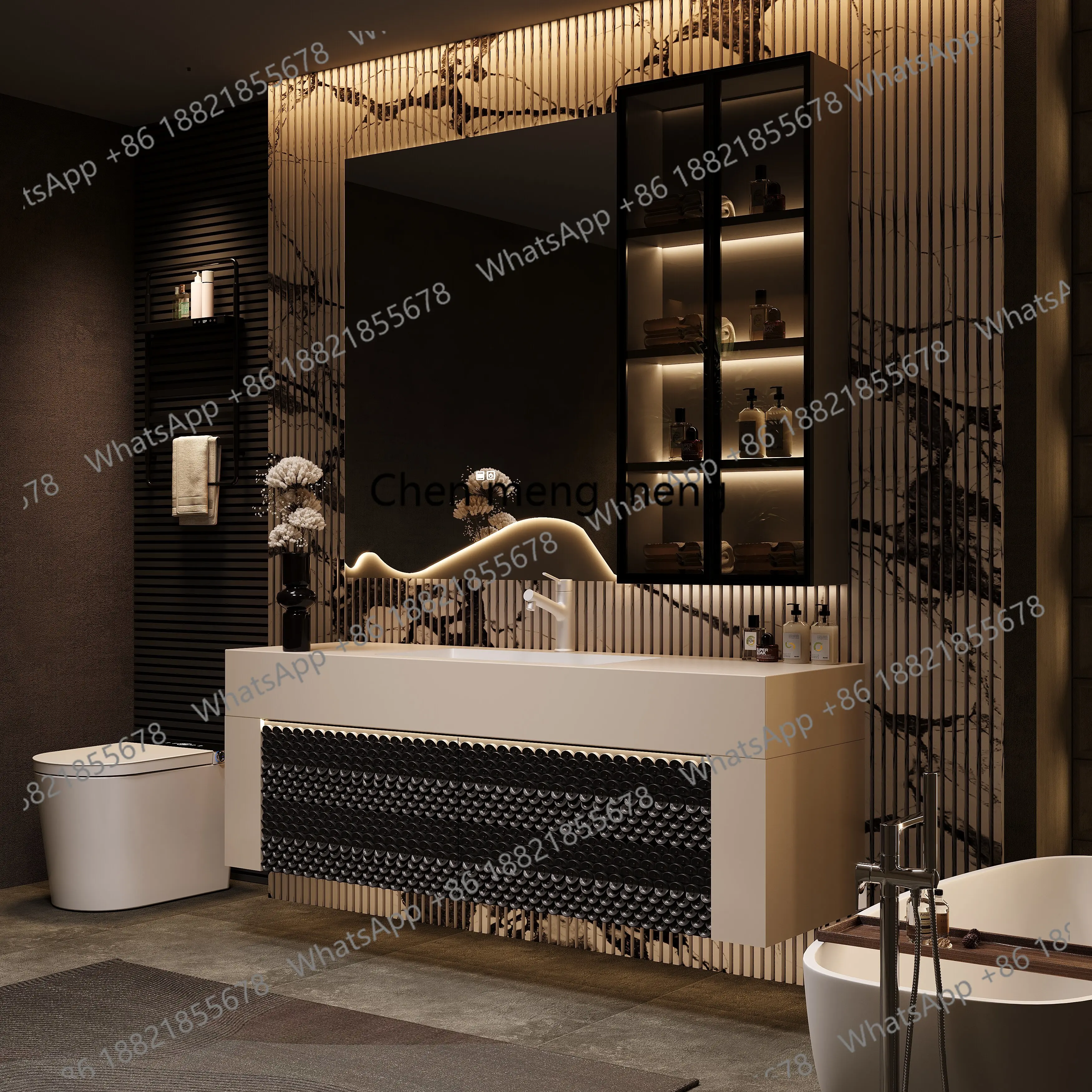 

Light luxury designer 2025 bathroom cabinet combination rock slab seamless ceramic basin toilet