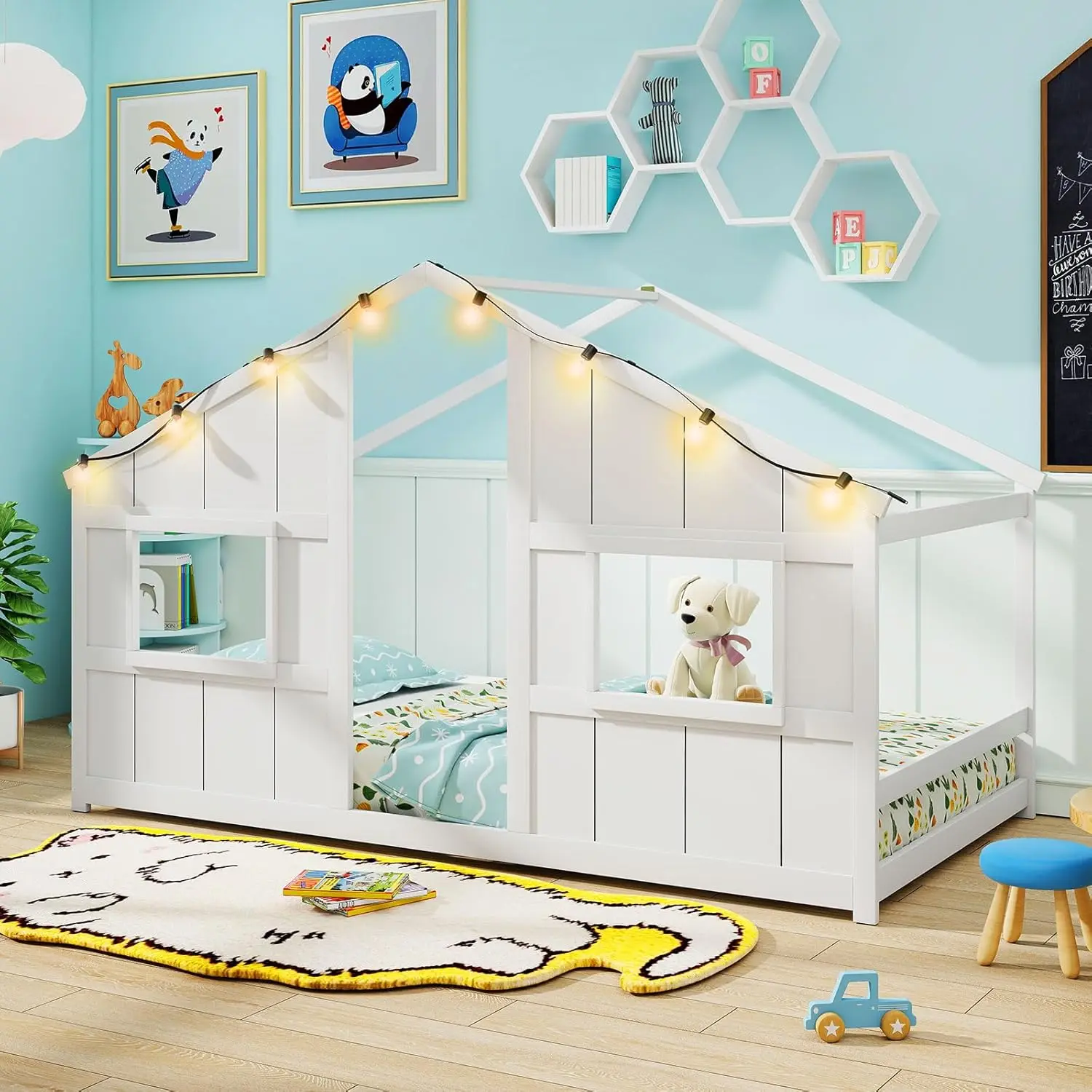 

Twin Kids House Bed with Light Bulbs, Wooden Montessori Floor Bed Frame with Roof & Windows, Twin Floor Bed for, Customized