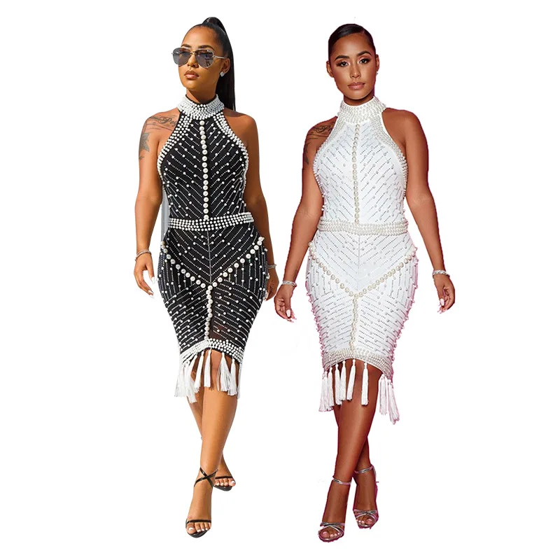 Robe de soirée Sexy en perles blanches et noires, robe à bandes perlée avec franges, Costume de danse de chanteur pour spectacle en boîte de nuit