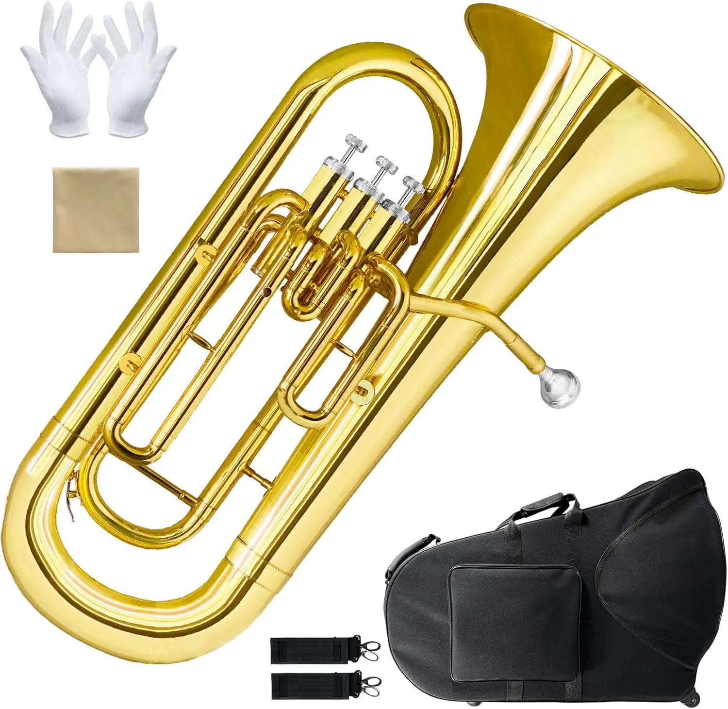 Euphonium Brass Instrument with Case, Mouthpiece, Cloth, and Gloves - Standard Brass Band Performance Model